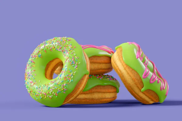 A pile of chocolate glazed donuts with sprinkles in motion falling on a violet background. 3d render and illustration of fast sweet food concept, bakery ad design elements for confectionery
