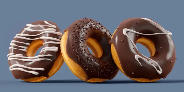 A pile of chocolate glazed donuts with sprinkles in motion falling on a grey background. 3d render and illustration of fast sweet food concept, bakery ad design elements for confectionery