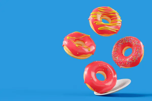 Chocolate glazed donut with sprinkles in motion falling on a blue background. 3d render and illustration of fast sweet food concept, bakery ad design elements with glazed frosted confectionery