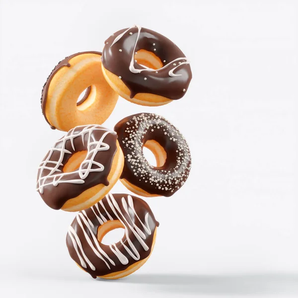 Chocolate glazed donut with sprinkles in motion falling on a white background. 3d render and illustration of fast sweet food concept, bakery ad design elements with glazed frosted confectionery