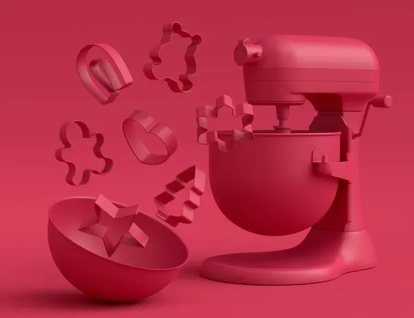 Mixer and cookie cutters with kitchen utensil for making cookies on pink monochrome background. 3d render cooking process step by step and accessories for cooking, blending and mixing