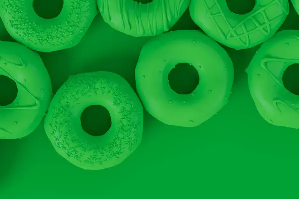 Isometric view of glazed donut with sprinkles on plain monochrome green color background with copy space. 3d render of fast food bakery ad design elements with frosting confectionery