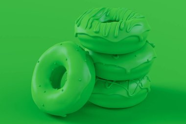 Sade tek renkli yeşil arka plan üzerine serpiştirilmiş jöleli donut yığını. Fast food fırınının 3 boyutlu tasarım elementleri.