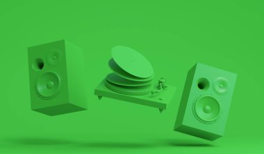 Hoparlörlü Hi-Fi hoparlörleri ve tek renkli arka planda DJ döner tablosu. Ses kayıt stüdyosu için müzik kutusu ve vinil plak çalar gibi 3D ses ekipmanları oluştur