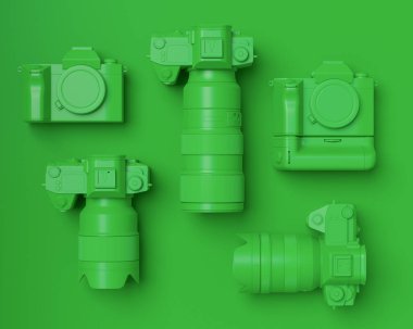 Monokrom tasarımlı çalışma alanının üst görüntüsü ve DSLR kamera, lens ve tek renkli arka planda hız ışığı gibi teçhizatlar. İllüstratör ve fotoğrafçılık araçları için aksesuarların 3d görüntülenmesi