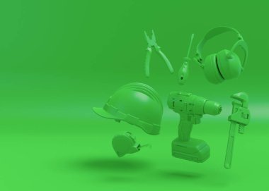 Tek renkli inşaat araçlarının çok renkli arka planda onarım ve kurulumu için uçan görünümü. Tesisatçı ya da tamirci için 3D tasvir ve hizmet afişi