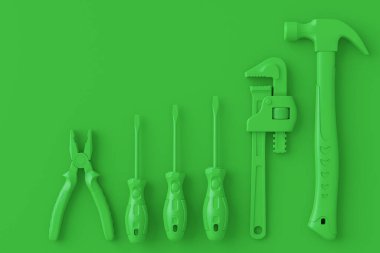 Tek renkli inşaat araçlarının çok renkli arka planda onarım ve kurulumu için üst görünümü. Tesisatçı ya da tamirci için 3D tasvir ve hizmet afişi