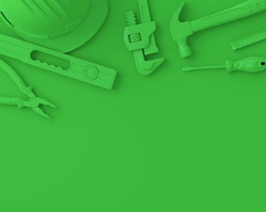 Tek renkli inşaat araçlarının çok renkli arka planda onarım ve kurulumu için üst görünümü. Tesisatçı ya da tamirci için 3D tasvir ve hizmet afişi