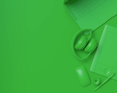 Altın tasarımlı çalışma alanının üst görüntüsü ve dizüstü bilgisayar, tablet, dijital kamera ve tek renkli flaşlı flaşlar gibi ekipmanlar. İllüstratör ve fotoğrafçılık araçları için aksesuarların 3d görüntülenmesi