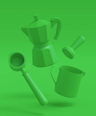 Korna ve gayzer kahve makineli espresso kahve makinesi yeşil tek renkli arka planda kahvaltı hazırlamak için. Kahve yapmak için 3D kahve demliği.