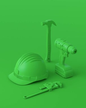 Çok renkli arka planda onarım ve kurulum için monokrom inşaat araçlarının izole görüntüsü. Tesisatçı ya da tamirci için 3D tasvir ve hizmet afişi