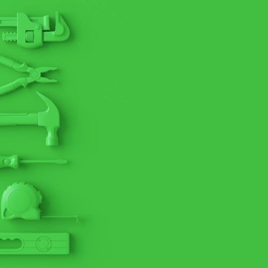 Tek renkli inşaat araçlarının çok renkli arka planda onarım ve kurulumu için üst görünümü. Tesisatçı ya da tamirci için 3D tasvir ve hizmet afişi