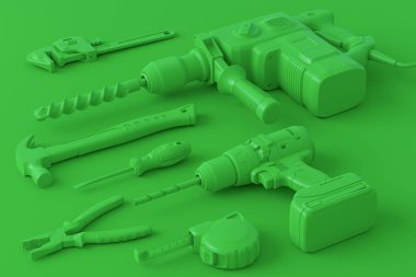 Çok renkli arka planda onarım ve kurulum için monokrom inşaat araçlarının izole görüntüsü. Tesisatçı ya da tamirci için 3D tasvir ve hizmet afişi