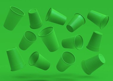 Tek renkli yeşil arka planda izole edilmiş plastik tek kullanımlık parti bardağı. Meyve suyu, taze, bira için 3D servis bardağı.
