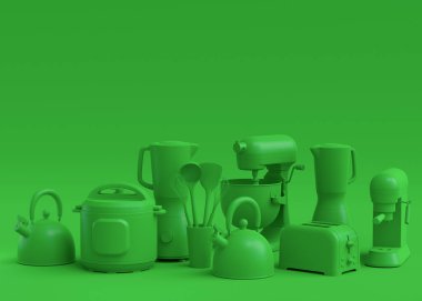 Mutfak aletleri ve mutfak aletleri yeşil tek renkli arka planda mutfak yapmak için. Pişirme, pişirme, karıştırma ve kırbaçlama için 3D mutfak gereçleri