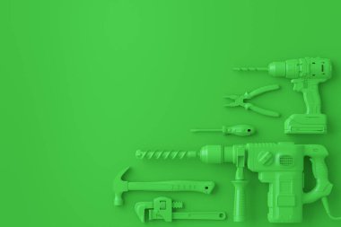 Tek renkli inşaat araçlarının çok renkli arka planda onarım ve kurulumu için üst görünümü. Tesisatçı ya da tamirci için 3D tasvir ve hizmet afişi