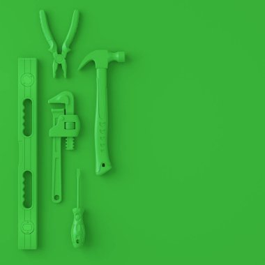 Tek renkli inşaat araçlarının çok renkli arka planda onarım ve kurulumu için üst görünümü. Tesisatçı ya da tamirci için 3D tasvir ve hizmet afişi