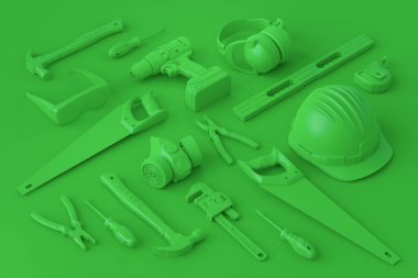 Çok renkli arka planda onarım ve kurulum için monokrom inşaat araçlarının izole görüntüsü. Tesisatçı ya da tamirci için 3D tasvir ve hizmet afişi