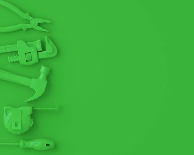 Tek renkli inşaat araçlarının çok renkli arka planda onarım ve kurulumu için üst görünümü. Tesisatçı ya da tamirci için 3D tasvir ve hizmet afişi