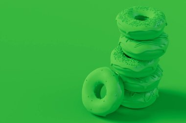 Sade tek renkli yeşil arka plan üzerine serpiştirilmiş jöleli donut yığını. Fast food fırınının 3 boyutlu tasarım elementleri.