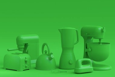Mutfak aletleri ve mutfak aletleri yeşil tek renkli arka planda mutfak yapmak için. Pişirme, pişirme, karıştırma ve kırbaçlama için 3D mutfak gereçleri