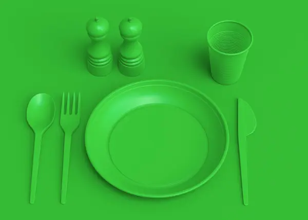 Set of disposable utensils like plate, folk, spoon,knife, cup and pepper and salt mill on green monochrome background with copy space. 3d render concept of save the earth and zero waste