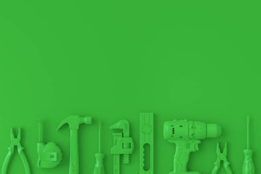 Tek renkli inşaat araçlarının çok renkli arka planda onarım ve kurulumu için üst görünümü. Tesisatçı ya da tamirci için 3D tasvir ve hizmet afişi