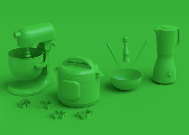 Mutfak aletleri ve mutfak aletleri yeşil tek renkli arka planda mutfak yapmak için. Pişirme, pişirme, karıştırma ve kırbaçlama için 3D mutfak gereçleri