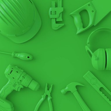 Tek renkli inşaat araçlarının çok renkli arka planda onarım ve kurulumu için üst görünümü. Tesisatçı ya da tamirci için 3D tasvir ve hizmet afişi
