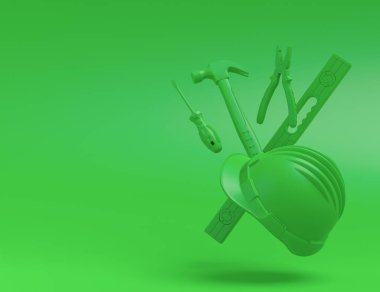 Tek renkli inşaat araçlarının çok renkli arka planda onarım ve kurulumu için uçan görünümü. Tesisatçı ya da tamirci için 3D tasvir ve hizmet afişi