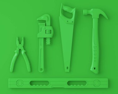 Tek renkli inşaat araçlarının çok renkli arka planda onarım ve kurulumu için üst görünümü. Tesisatçı ya da tamirci için 3D tasvir ve hizmet afişi