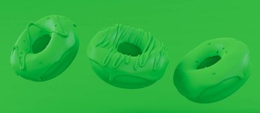 Çikolata kaplı donut, hareket halinde serpiştirilmiş, tek renkli yeşil arka plan ve fotokopi alanı üzerine dökülüyor. Fast food fırınının 3 boyutlu tasarım elementleri.
