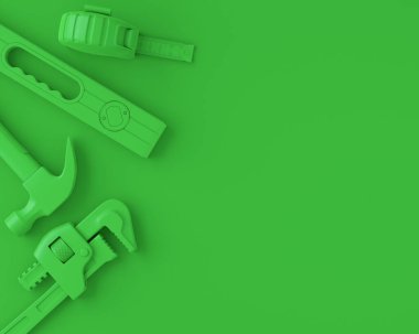 Tek renkli inşaat araçlarının çok renkli arka planda onarım ve kurulumu için üst görünümü. Tesisatçı ya da tamirci için 3D tasvir ve hizmet afişi