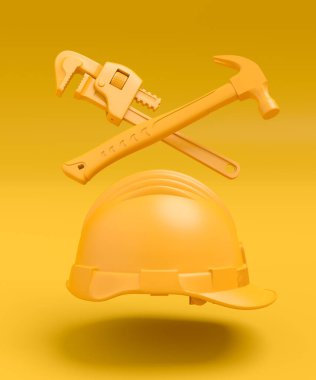 Tek renkli inşaat araçlarının çok renkli arka planda onarım ve kurulumu için uçan görünümü. Tesisatçı ya da tamirci için 3D tasvir ve hizmet afişi