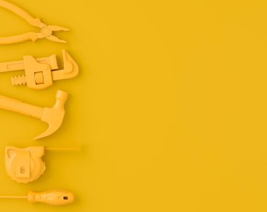 Tek renkli inşaat araçlarının çok renkli arka planda onarım ve kurulumu için üst görünümü. Tesisatçı ya da tamirci için 3D tasvir ve hizmet afişi