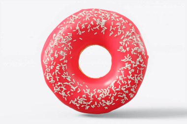 Beyaz arka planda çikolata kaplı donut serpiştirilmiş. 3D tasvir ve pasta ve şekerlemelerin tasviri