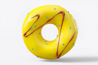 Beyaz arka planda çikolata kaplı donut serpiştirilmiş. 3D tasvir ve pasta ve şekerlemelerin tasviri