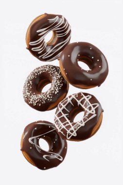 Çikolata kaplı donut, beyaz arka planda hareket halinde serpiştirilmiş. Fast food konseptinin 3D sunumu ve illüstrasyonu, şekerleme kaplı fırın reklam tasarım elementleri