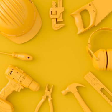 Tek renkli inşaat araçlarının çok renkli arka planda onarım ve kurulumu için üst görünümü. Tesisatçı ya da tamirci için 3D tasvir ve hizmet afişi