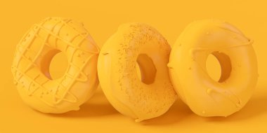 Sade monokrom sarısı arka planda fotokopi aletiyle serpiştirilmiş bir yığın jöleli çörek. Fast food fırınının 3 boyutlu tasarım elementleri.