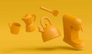 Korna, çaydanlık ve gayzer kahve makineli espresso kahve makinesi sarı tek renkli arka planda kahvaltı hazırlamak için. Kahve yapmak için 3D kahve demliği.