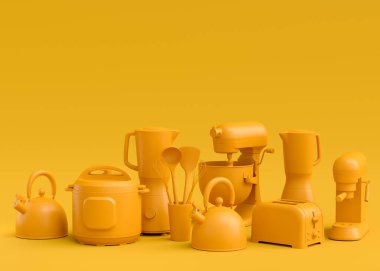 Elektrikli mutfak aletleri ve mutfak aletleri sarı tek renkli arka planda mutfak yapmak için. Pişirme, pişirme, karıştırma ve kırbaçlama için 3D mutfak gereçleri