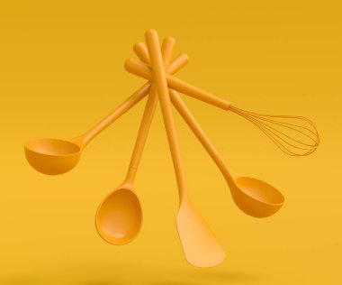 Ahşap mutfak aletleri, aletler ve ekipmanlar sarı monokrom arka planda. Ev yapımı mutfak aletleri ve yemek pişirmek için aksesuarlar