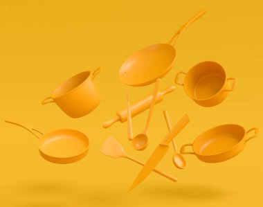 Uçan paslanmaz çelik güveç seti, tava ve krom kaplama alüminyum tencereler sarı monokrom arka planda. Yapışmayan mutfak gereçlerinin 3D görüntüsü