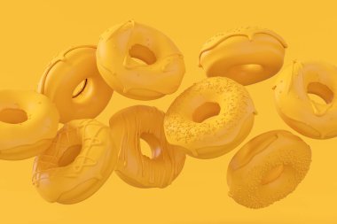 Çikolata kaplı donut, hareket halinde serpiştirilmiş, tek renkli sarı arka planda fotokopi alanının üzerine düşüyor. Fast food fırınının 3 boyutlu tasarım elementleri.