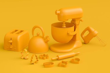 Sarı monokrom arka planda kurabiye yapmak için mutfak gereçleriyle karıştırıcı ve kurabiye kesiciler. Aşçılık, harmanlama ve karıştırma için 3D pişirme süreci adım adım ve aksesuarları