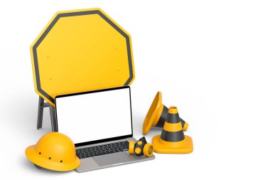 Güvenlik kaskı veya başlık seti, trafik konileri ve beyaz arka planda dizüstü bilgisayarın yanında yol çalışması için imza. Marangozluk araçları ile web sitesinin bakım altında 3d görüntülenmesi