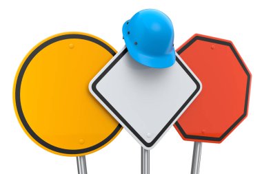 Güvenlik kaskı seti ya da trafik levhalarında beyaz arka planda izole edilmiş trafik levhası. Sokak trafik işaretinin 3d modelleme şablonu