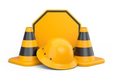 Güvenlik miğferleri, başlıklar ve trafik konileri beyaz arka planda yol çalışması için yol tabelası. Endüstriyel işçiler ve tamirciler için marangozluk araçları