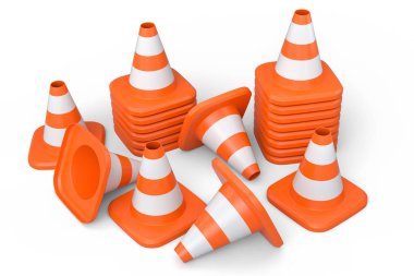 Güvenlik miğferleri, başlıklar ve trafik konileri beyaz arka planda yol çalışması için yol tabelası. Endüstriyel işçiler ve tamirciler için marangozluk araçları